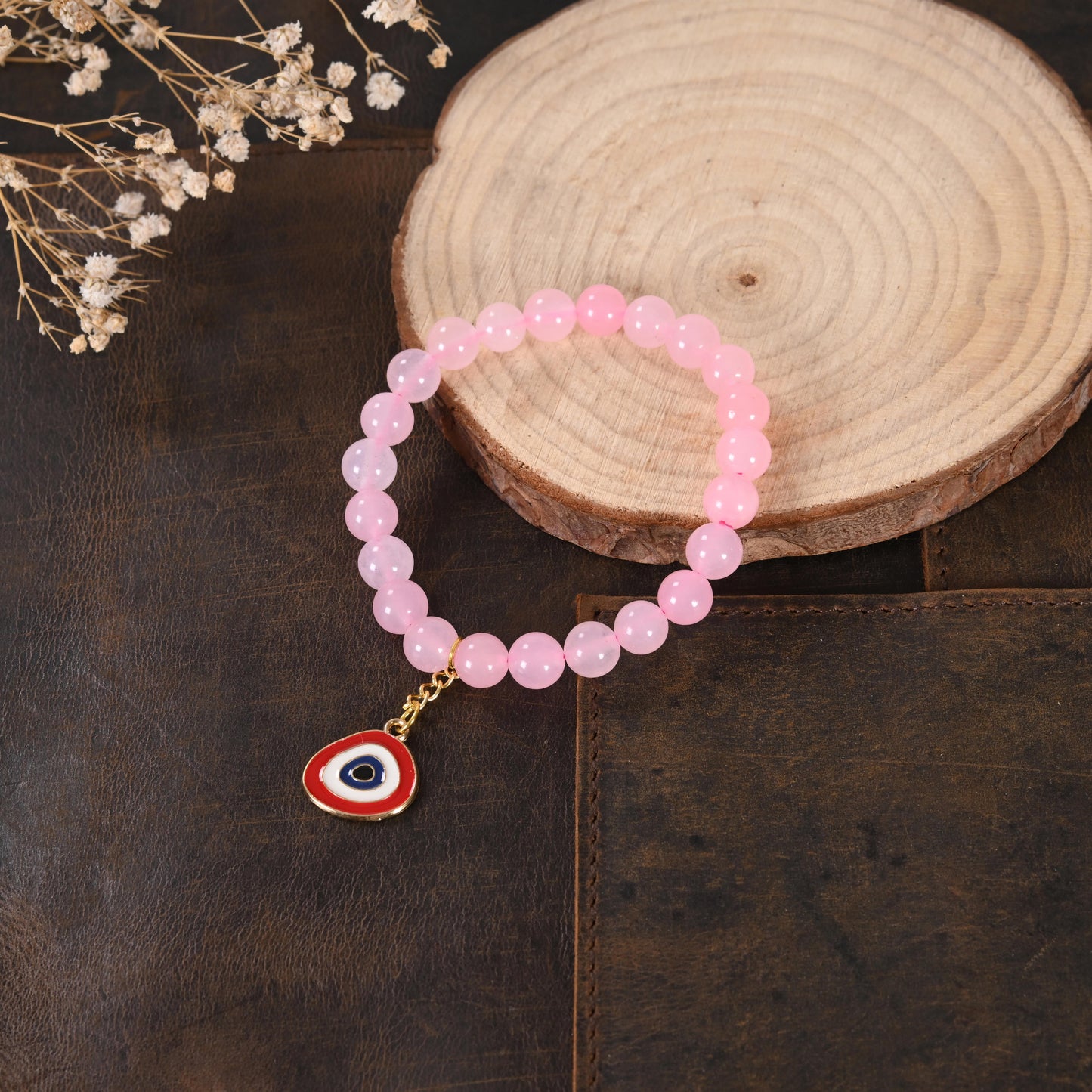 Rose Quartz Bracelet with Evil Eye Enamel Charm