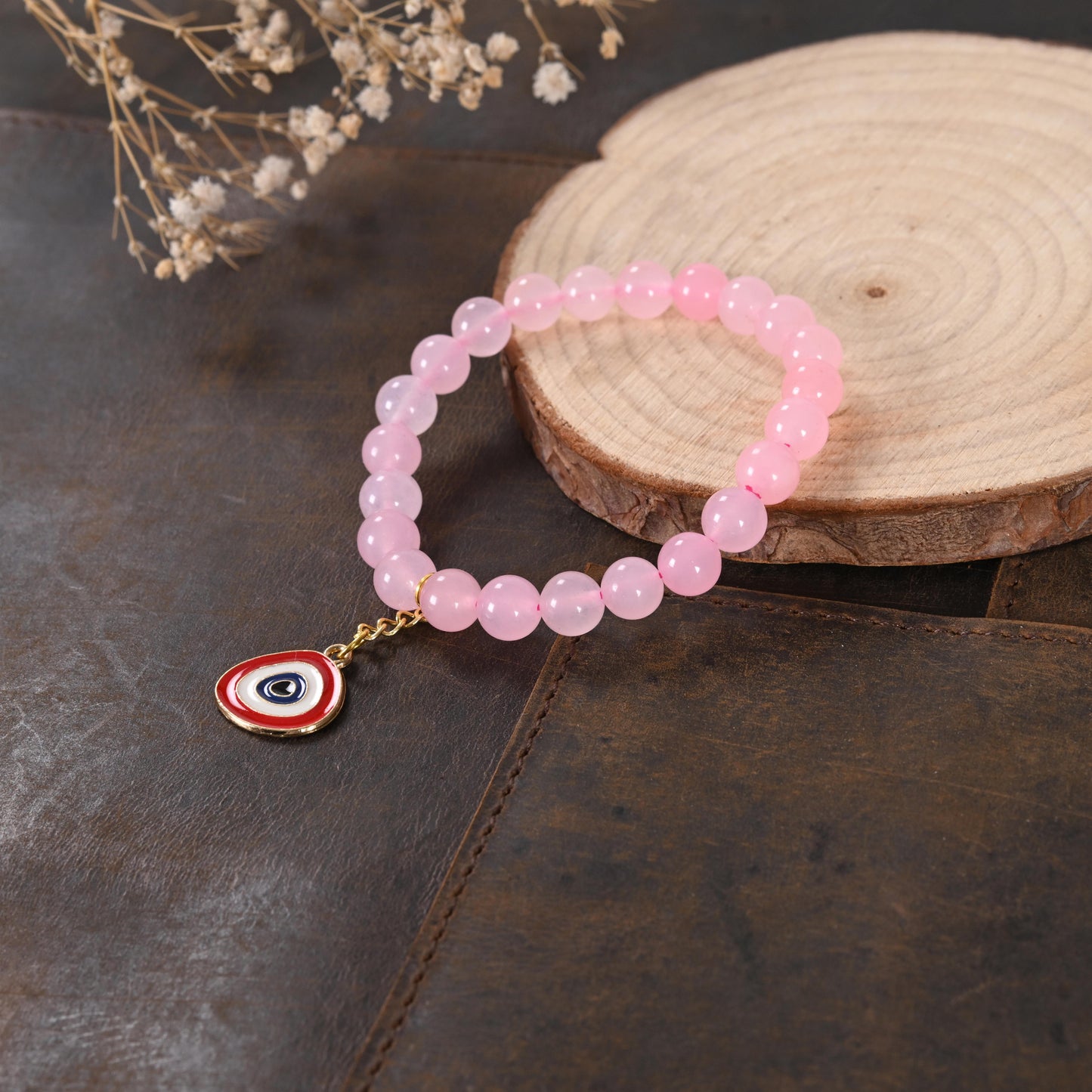 Rose Quartz Bracelet with Evil Eye Enamel Charm