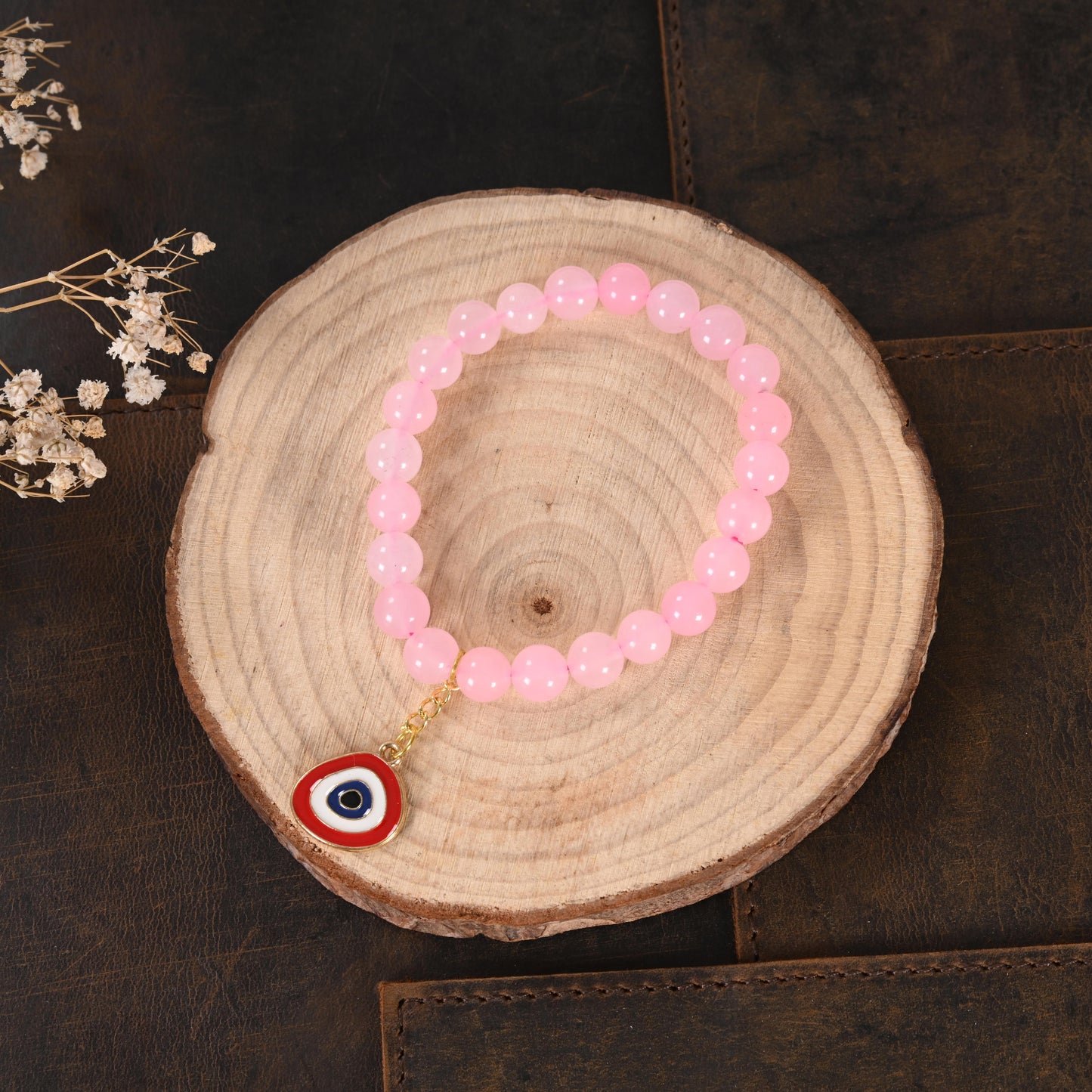 Rose Quartz Bracelet with Evil Eye Enamel Charm