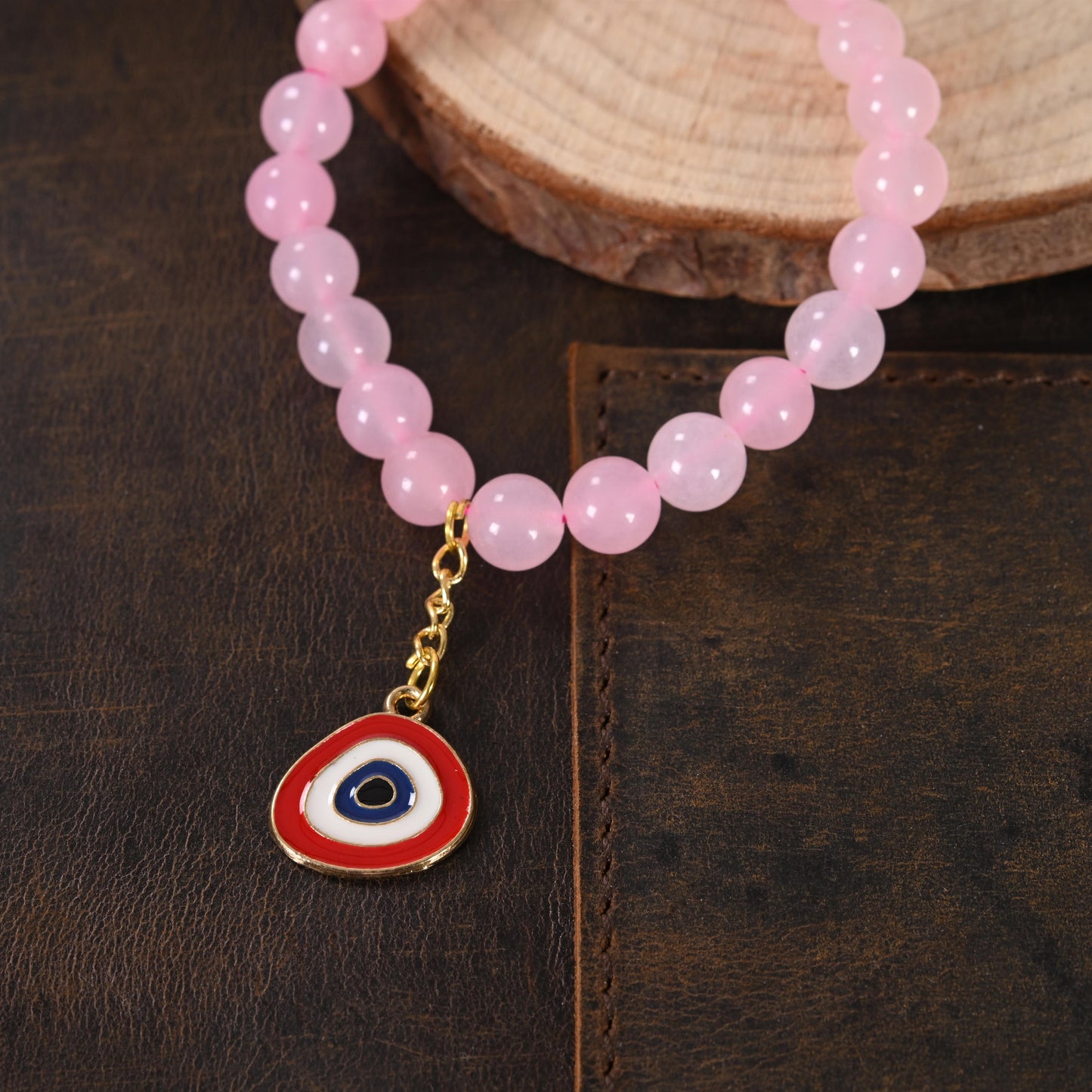 Rose Quartz Bracelet with Evil Eye Enamel Charm