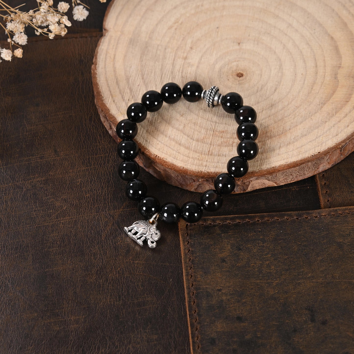 Black Onyx Bracelet with Elephant Charm