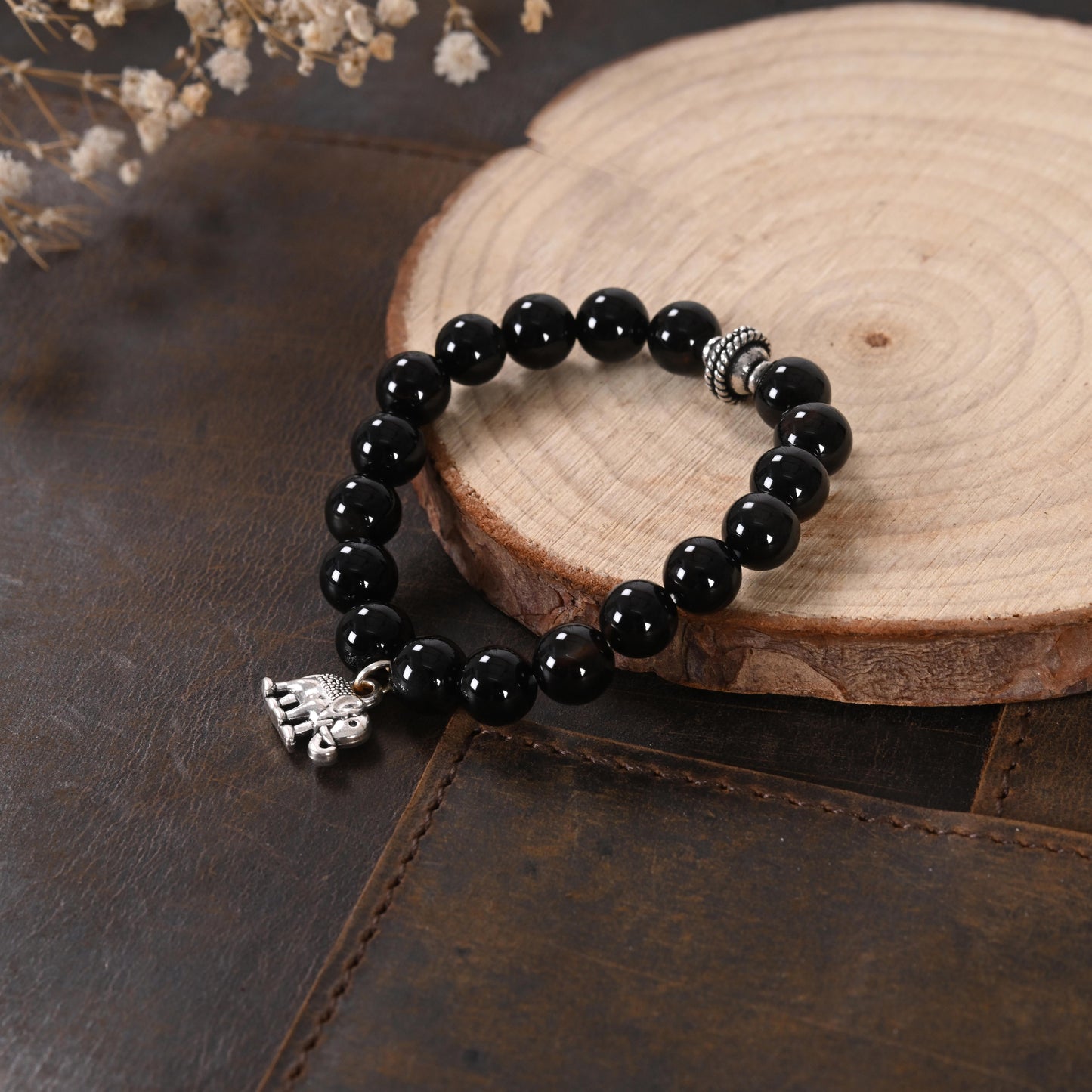 Black Onyx Bracelet with Elephant Charm