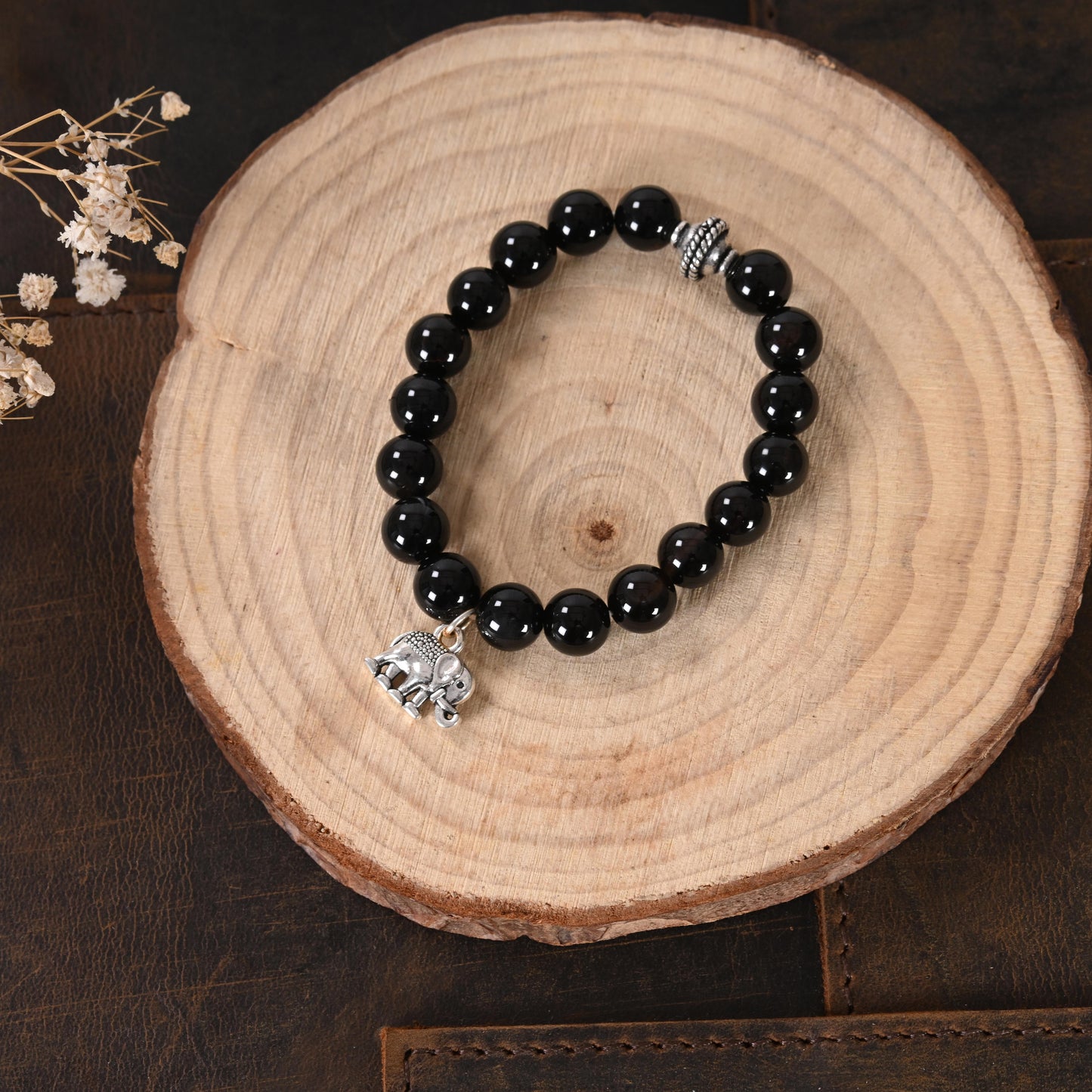 Black Onyx Bracelet with Elephant Charm