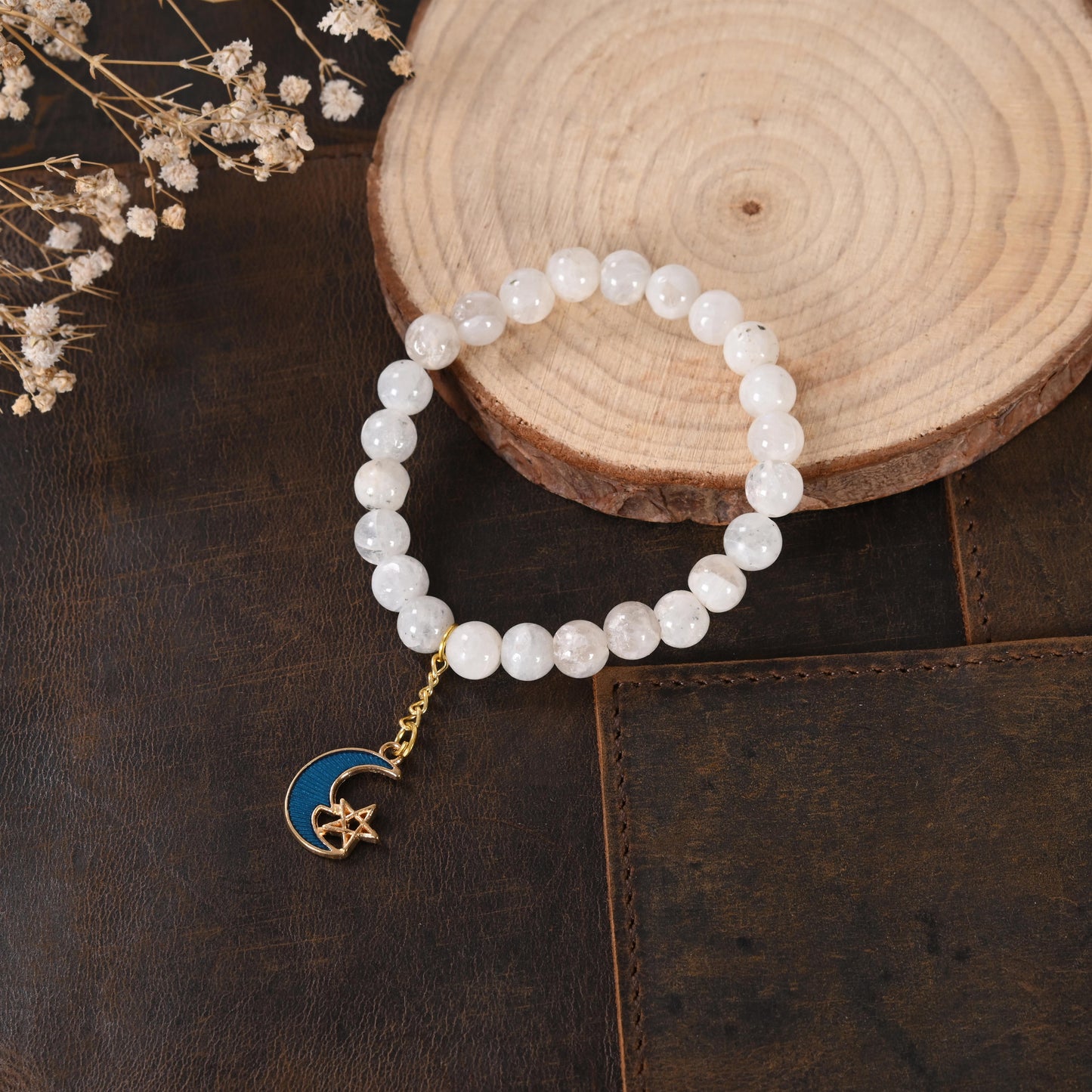 White Quartz Bracelet with Moon-Star Enamel Charm