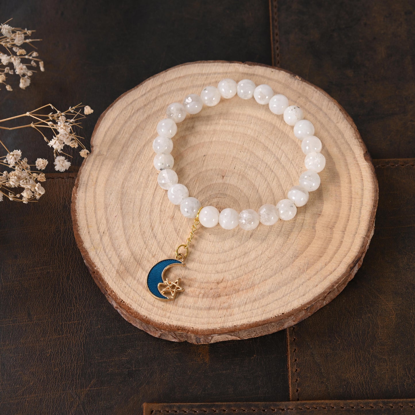 White Quartz Bracelet with Moon-Star Enamel Charm