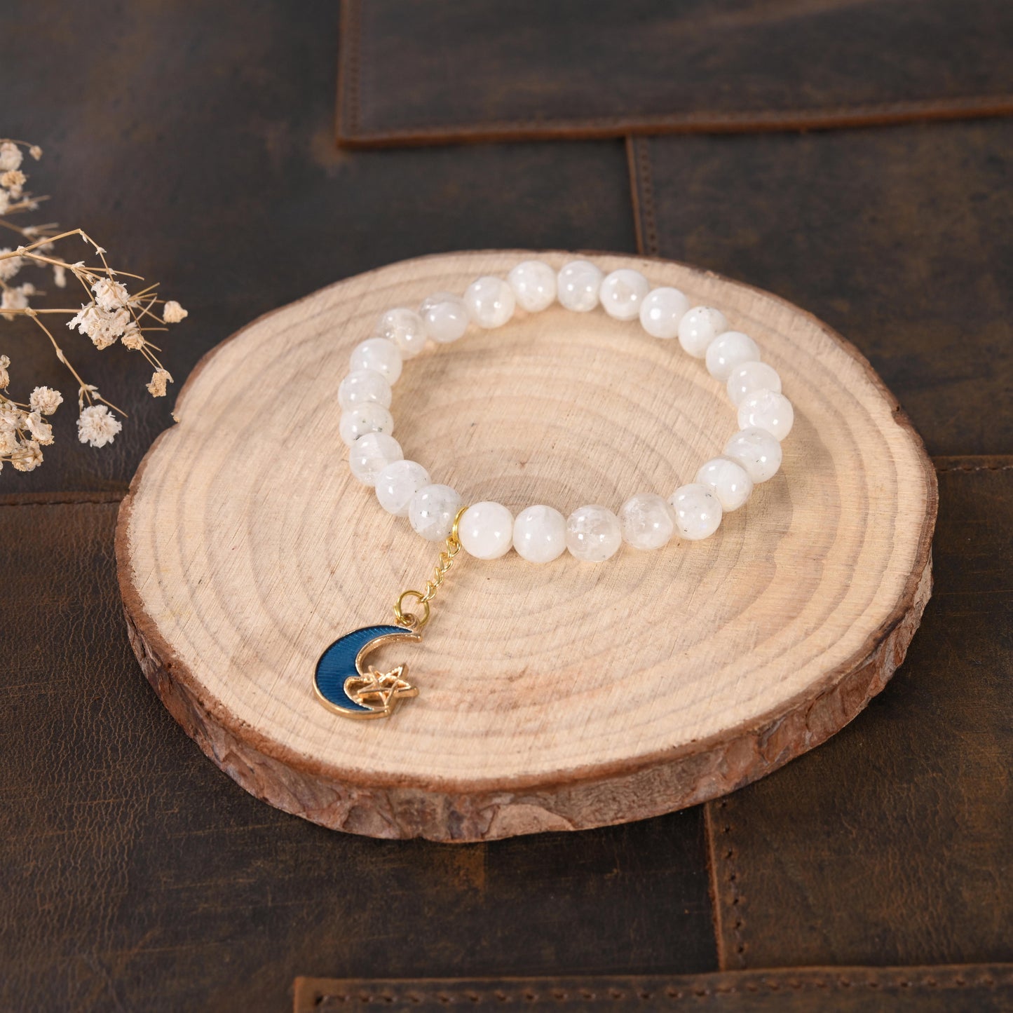 White Quartz Bracelet with Moon-Star Enamel Charm